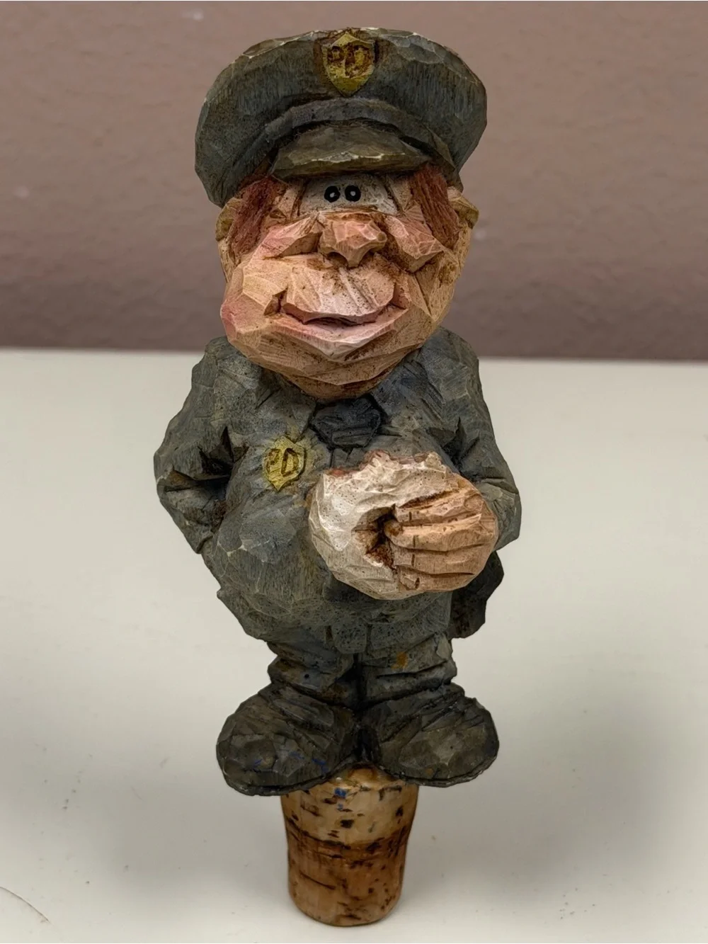 Hand-Carved Police Officer Holding & Eating Donut Bottle Stopper Cop Wine Cork